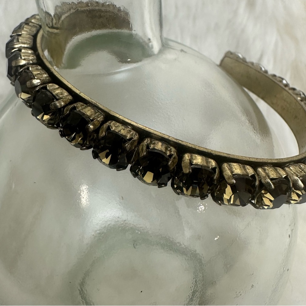 Vintage J C Crew Cuff Bracelet With Dark Smokey Rhinestones In Gold Tone Setting